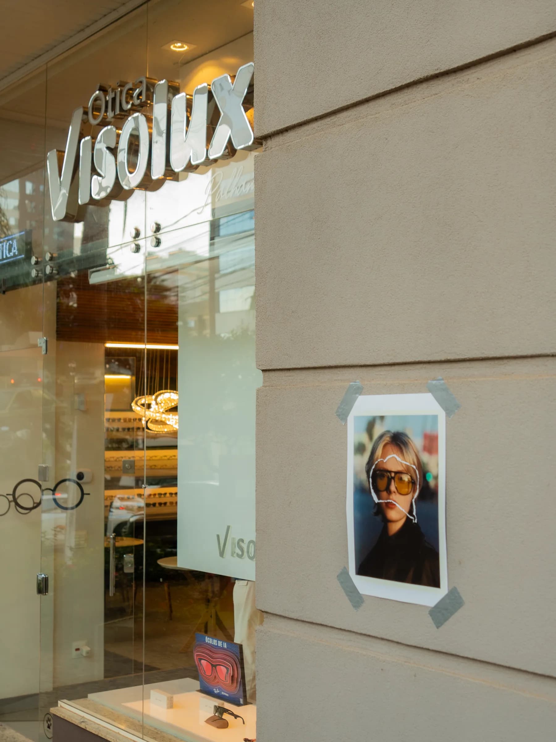 Fachada editorial da Visolux com vitrine, logo e iluminação quente
