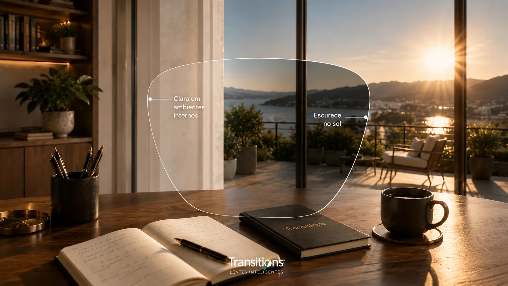 Representação de lentes Transitions claras em ambientes internos e escuras no sol